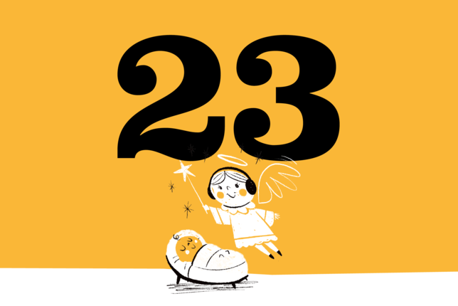 Foto vom Tee Adventkalender Türchen Nummer 23. Auf dem gelben Türchen ist ein Engel und ein Baby zu sehen. | © SONNENTOR