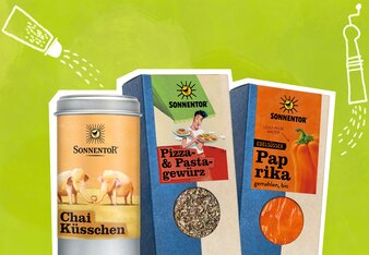 Illustration mit drei Gewürzen auf grünem Hintergrund mit Gewürzspendern. | © SONNENTOR