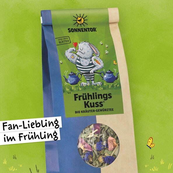 SONNENTOR Spring Kiss organic herbal spice tea, loose, with text “Extra large leaves” and “Fan Favorite in Spring”