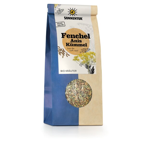 Über einem beige gelben Punkt stehen die Worte "Fenchel Anis Kümmel" in dicken schwarzen Buchstaben. Runderherum sind gezeichnete Fenchelsamen und ein Blütenstand zu sehen.