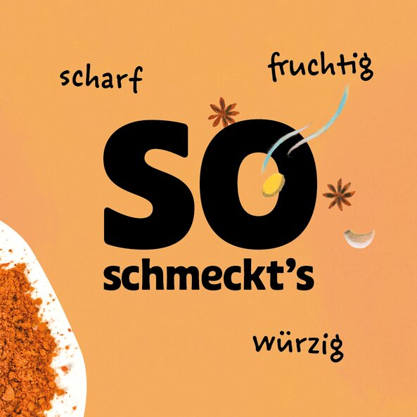 Illustration vom Asian BBQ Gewürz lose auf hellorangem Hintergrund mit dem Schriftzug: "so schmeckts scharf, fruchtig, würzig".