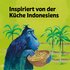 Illustration eines blauen Affens der aus einer Schlüssel Nudeln isst, auf hellgrünem Hintergrund mit dem Schriftzug: "Inspiriert von der Küche Indonesiens".