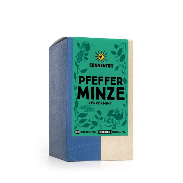 Pfefferminze Tee im Kannebeutel - Verpackung mit kleinen Illustrationen der Pfefferminze