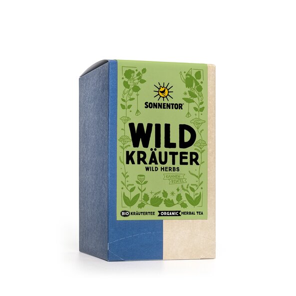 Wildkräuter Tee Kannenbeutel Verpackung mit kleinen Illustrationen von Wildkräutern wie zum Beispiel Schafgarbe oder Frauenmantel!