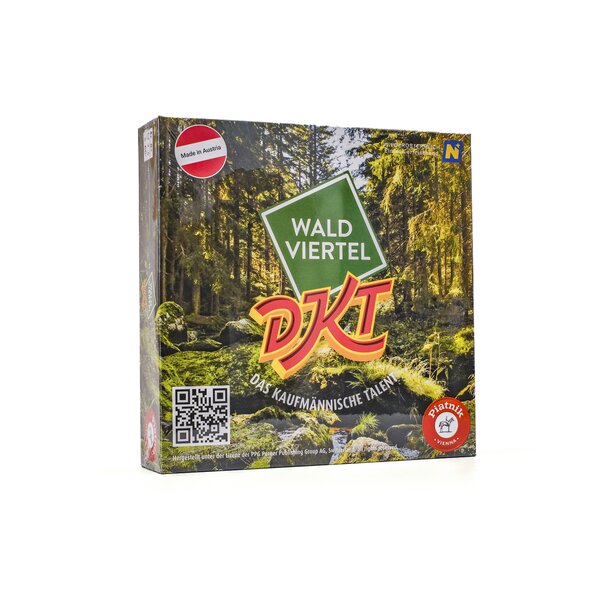 DKT Waldviertel Brettspiel in quadratischer Kartonbox mit Waldmotiv. Auf der Schachtel findet sich ein Hinweis, dass das Spiel in Österreich durch die Firma Piatnik (Wien) hergestellt wurde.